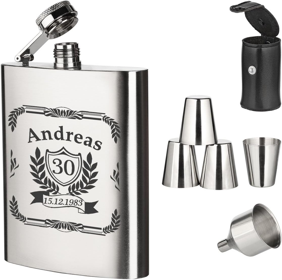 Edelstahl Flachmann Geschenk-Set mit Gravur für Männer – 7-teiliges Set zum Geburtstag