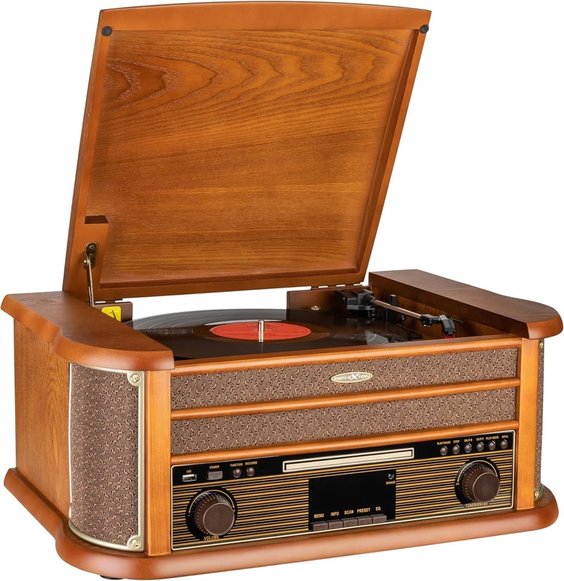 Retro HiFi Anlage mit Plattenspieler und Bluetooth, Holzoptik