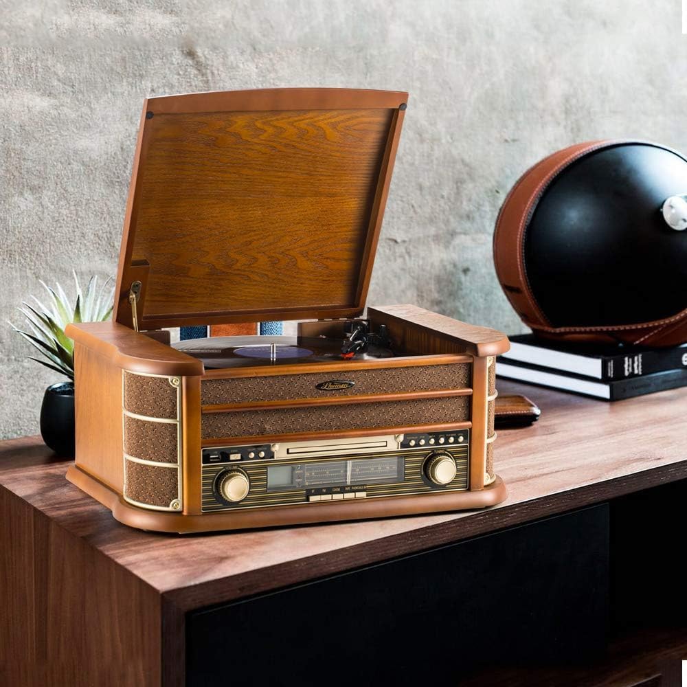 Shuman 8-in-1 Holz Musikanlage mit Plattenspieler und Fernbedienung