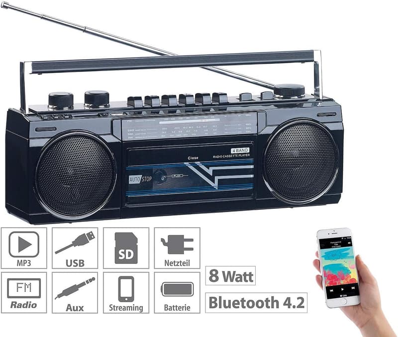 Retro Boombox mit Kassetten-Player, USB, SD & Bluetooth