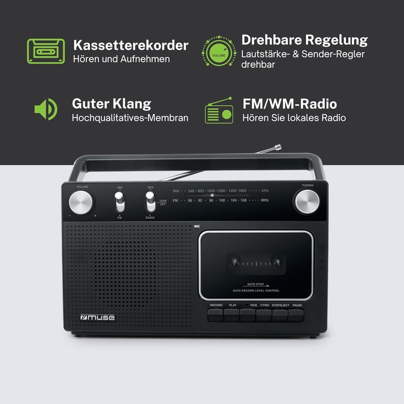 Retro Kassettenrekorder mit Aufnahmefunktion und AUX-Eingang, schwarz