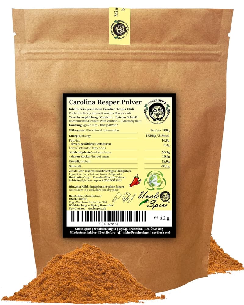 UNCLE SPICE® Carolina Reaper Chilipulver - 50g, 1,5 Mio Scoville, extrem scharf