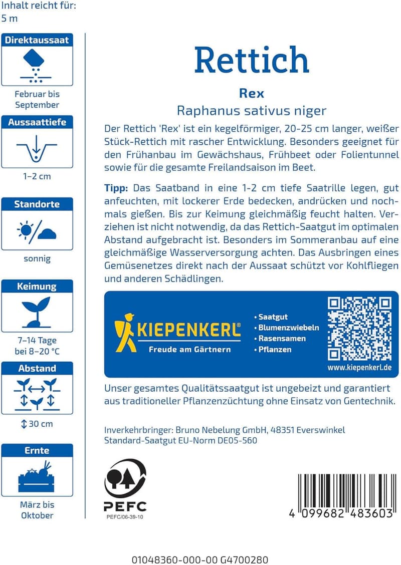 Rettichsamen Rex für Frühanbau - Mild-würzig, 5 lfd. Meter