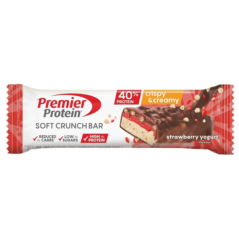 Premier Protein Soft Crunch Riegel Erdbeer-Joghurt 12x40g - 40% Protein, Low Sugar, palmölfrei