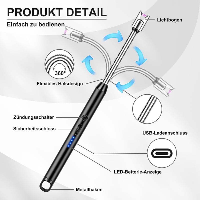 Elektrisches Lichtbogen Feuerzeug für Camping und Küche – USB, winddicht (Schwarz)
