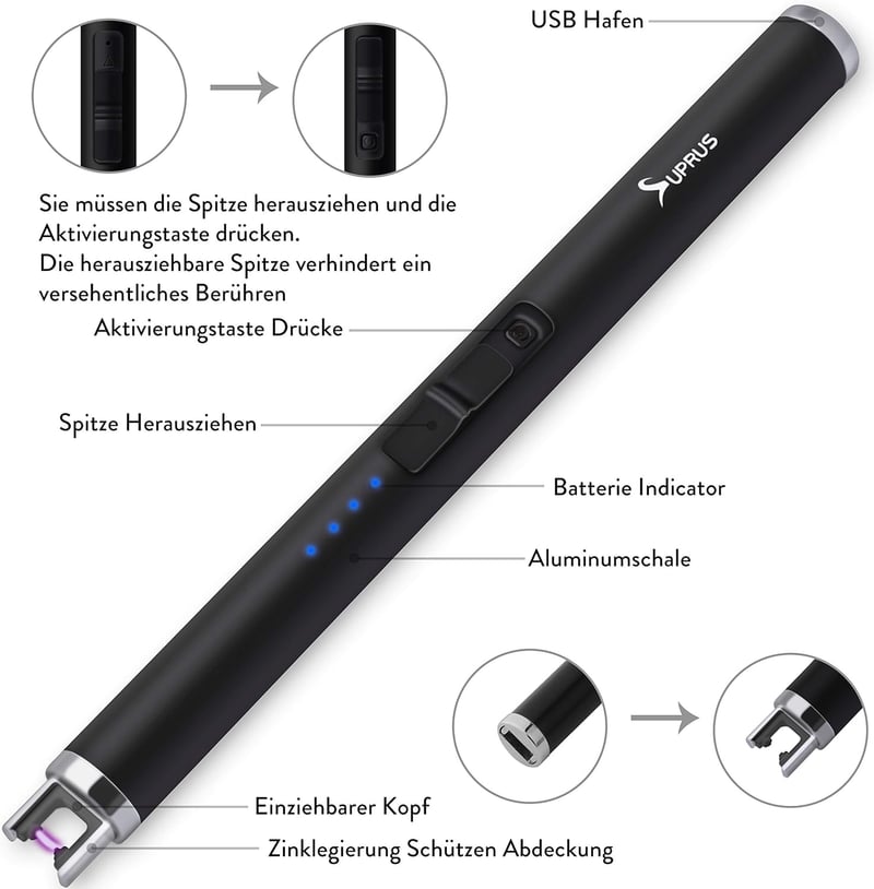 SUPRUS Elektronisches USB-Plasma-Stabfeuerzeug - Winddicht, Schwarz