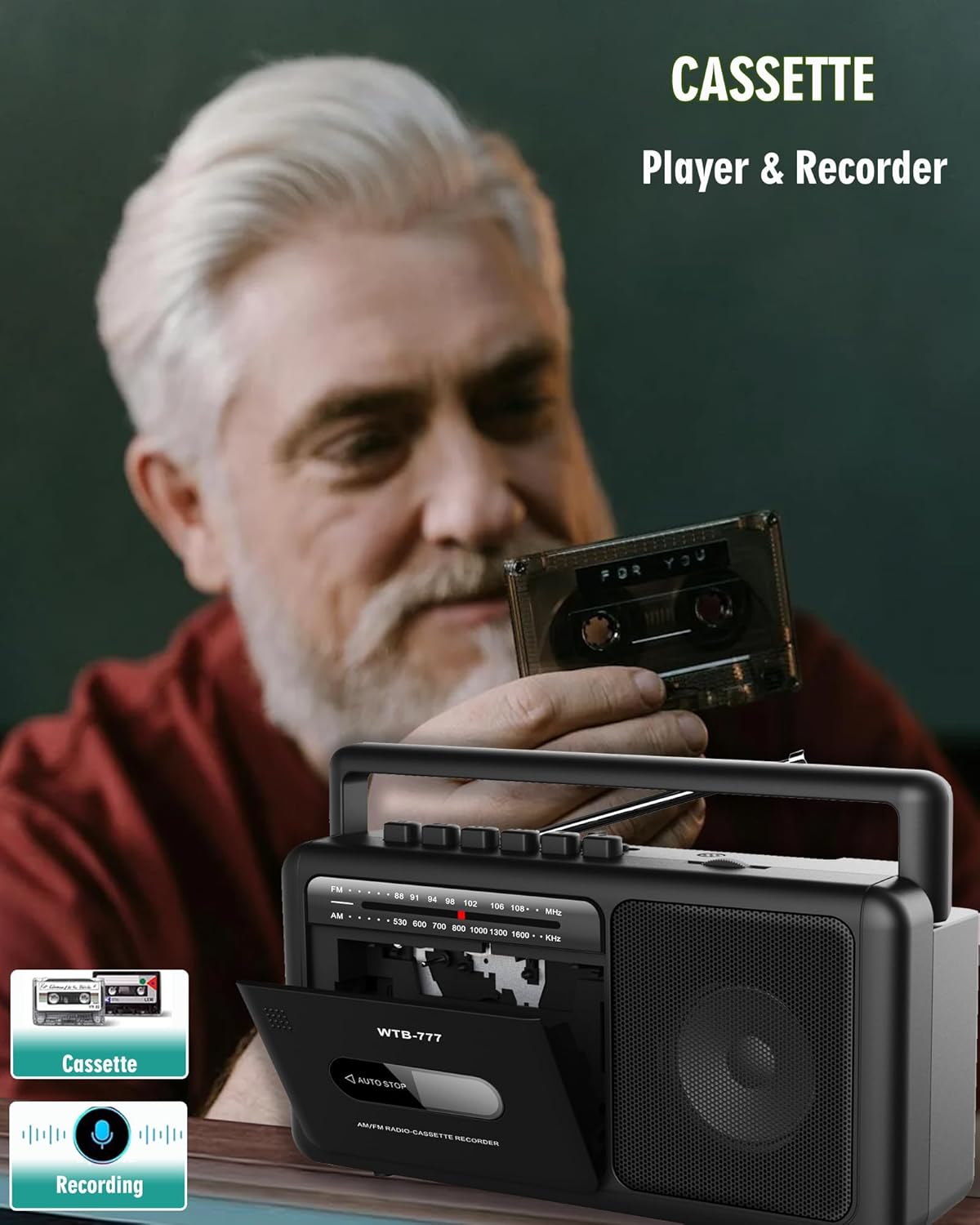 Tragbarer Boombox mit Bluetooth und Kassettenrekorder für Zuhause und Unterwegs