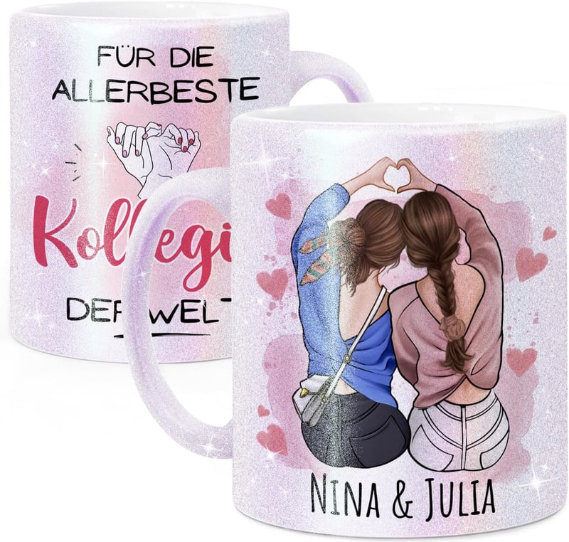 Abschiedsgeschenk für Kollegin - Personalisierte Glitzer-Tasse Perlmutt