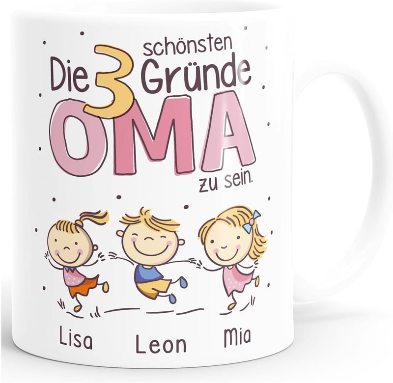 Personalisierte Keramiktasse für Oma mit Namen und Enkelkind-Gründen