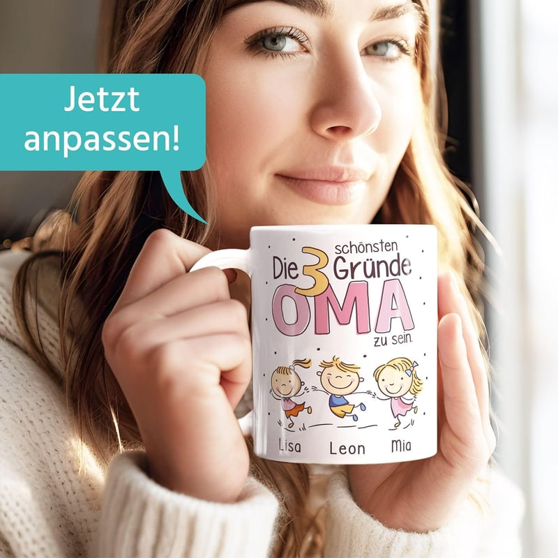 Personalisierte Keramiktasse für Oma mit Namen und Enkelkind-Gründen