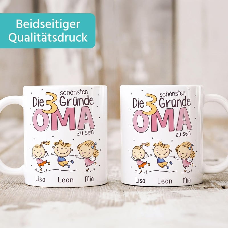 Personalisierte Keramiktasse für Oma mit Namen und Enkelkind-Gründen