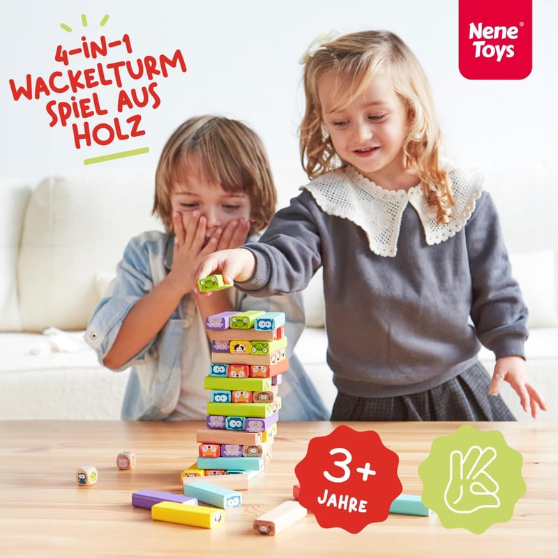Pädagogisches Holzspielzeug - Wackelturm 4 in 1 für Kinder ab 3 Jahren