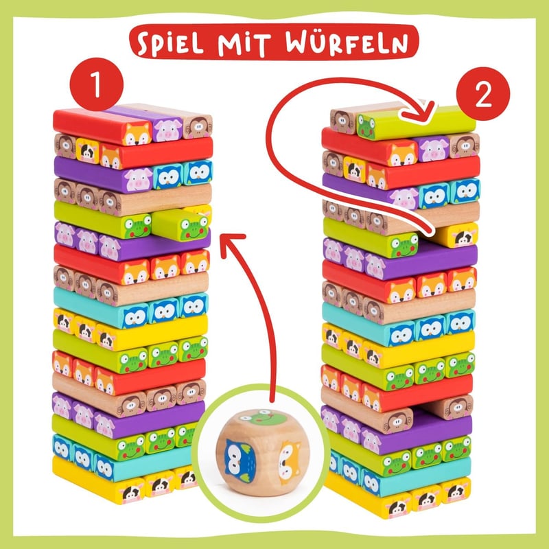 Pädagogisches Holzspielzeug - Wackelturm 4 in 1 für Kinder ab 3 Jahren