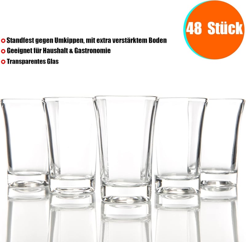 48 spülmaschinenfeste Schnapsgläser aus Glas, lebensmittelecht
