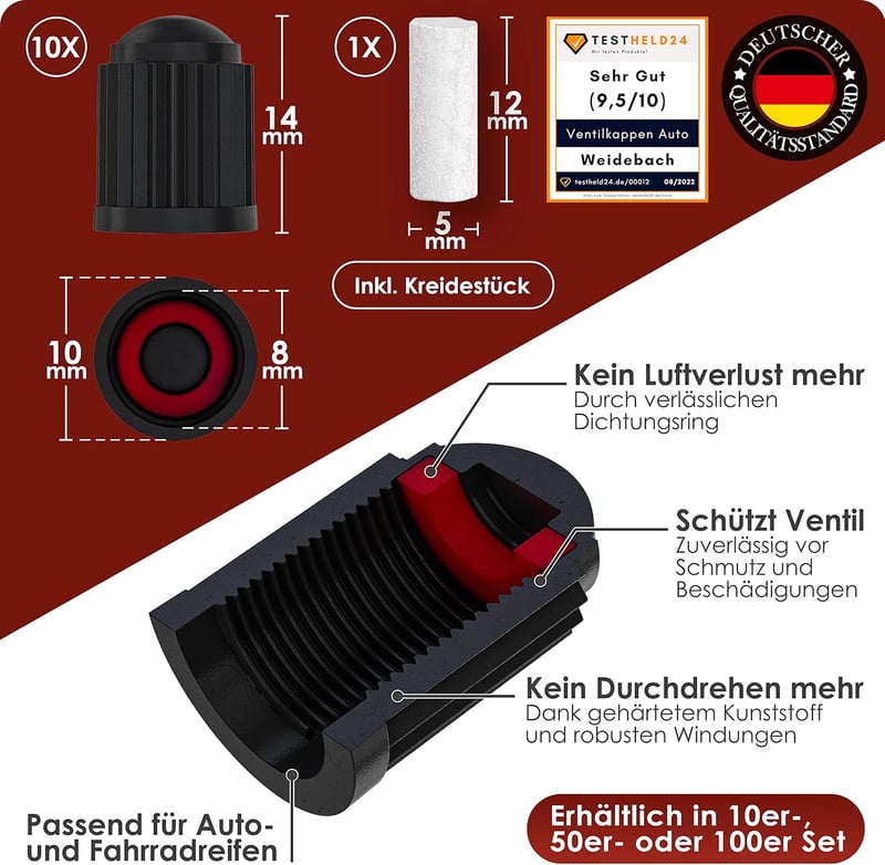 Passgenaue Ventilkappen für Auto und Fahrrad, 10 Stück mit Dichtung