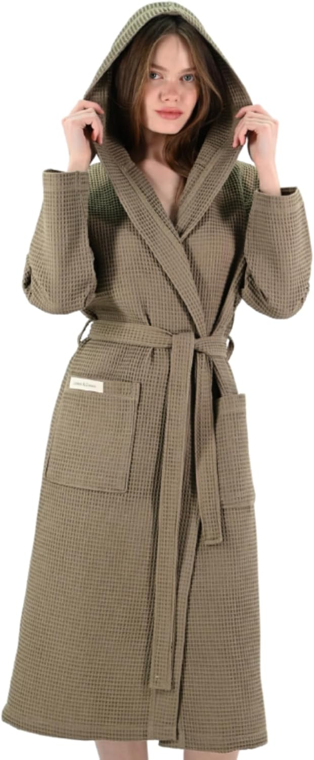 100% Baumwolle Waffelstoff Bademantel mit Kapuze für Damen und Herren