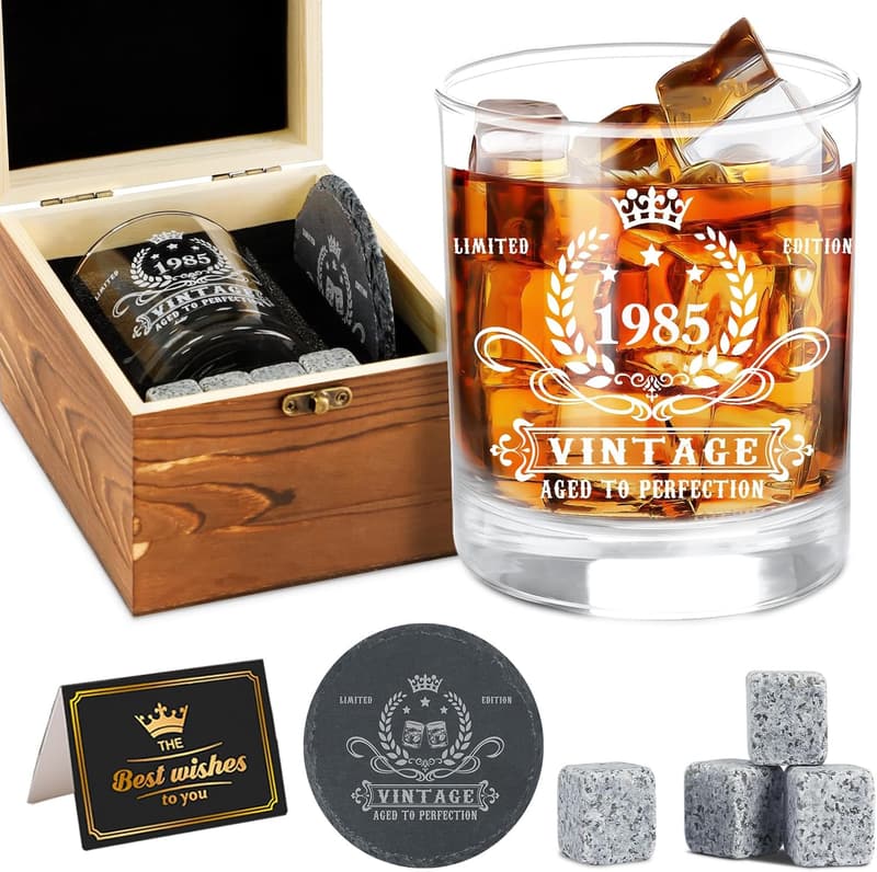 Vintage 1985 Whiskey Glas Set mit Holzbox für Männer zum 40. Geburtstag
