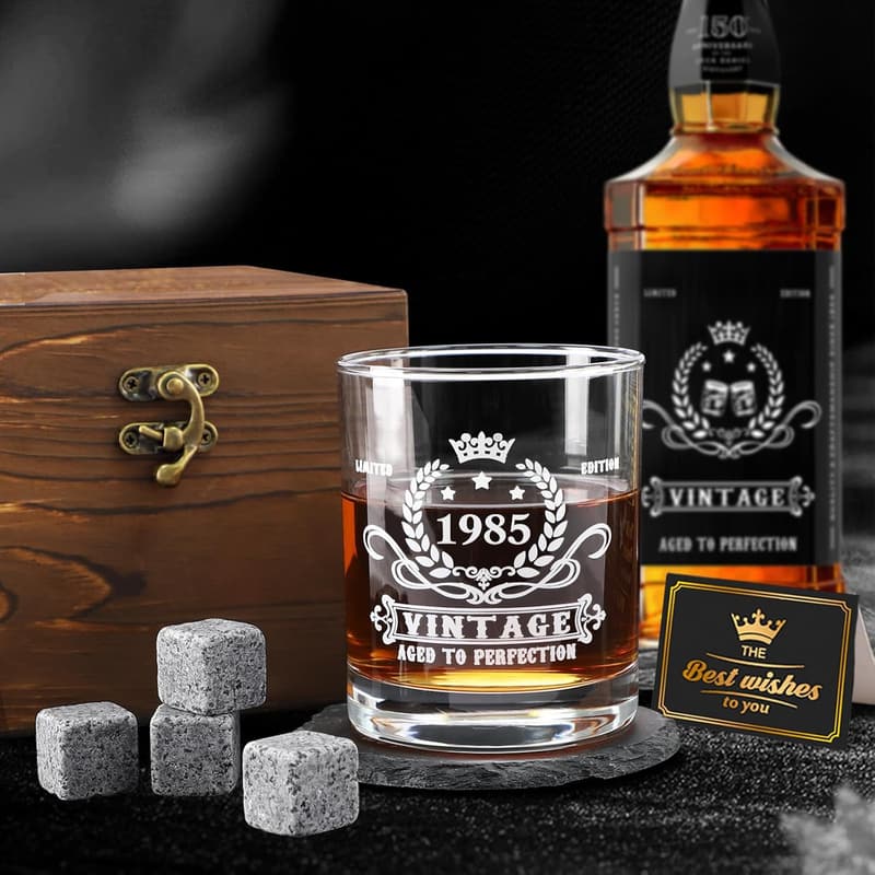 Vintage 1985 Whiskey Glas Set mit Holzbox für Männer zum 40. Geburtstag