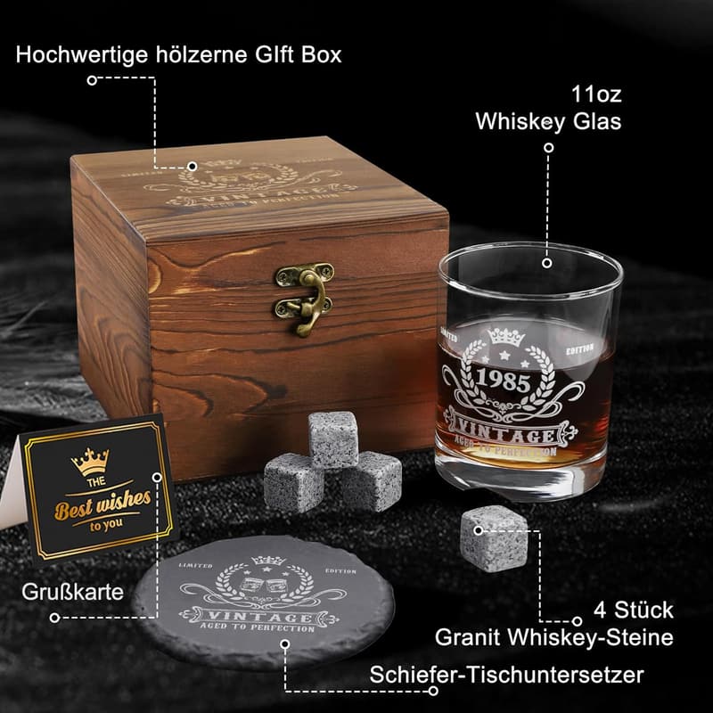 Vintage 1985 Whiskey Glas Set mit Holzbox für Männer zum 40. Geburtstag