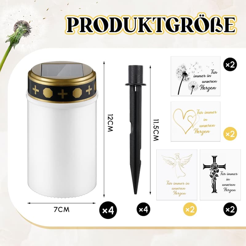 Solarbetriebene LED Grablichter Set mit 8 Aufklebern für Friedhöfe