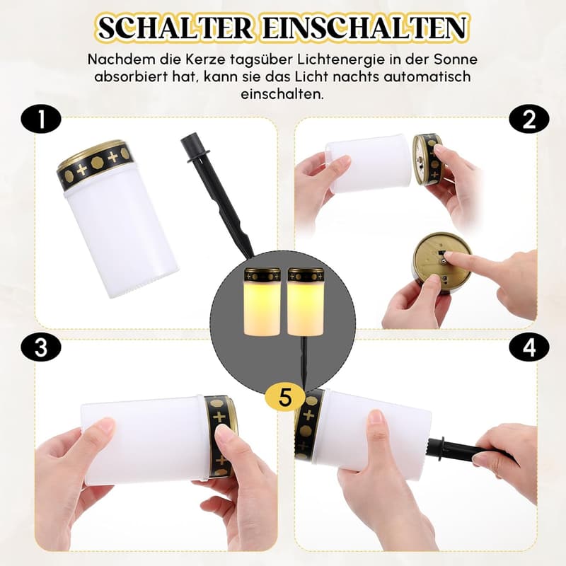 Solarbetriebene LED Grablichter Set mit 8 Aufklebern für Friedhöfe
