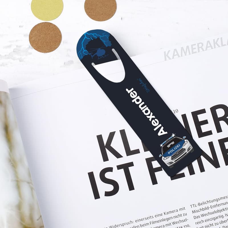 Personalisierte Lesezeichen mit Polizei-Motiv und Wunschname