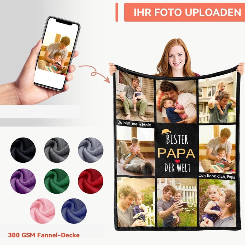 Personalisierte Kuscheldecke mit Foto und Text für Vatertag