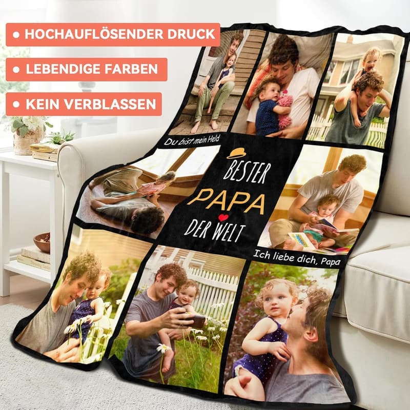 Personalisierte Kuscheldecke mit Foto und Text für Vatertag