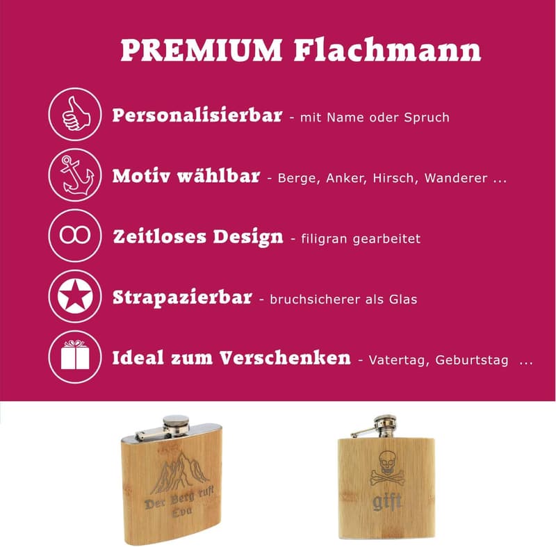 Personalisierter Flachmann mit Gravur aus Edelstahl und Bambus, 175 ml