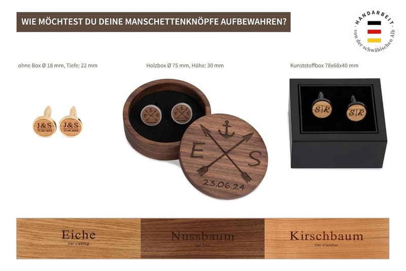 Personalisierte Holz-Manschettenknöpfe mit Gravur für Herren zur Hochzeit