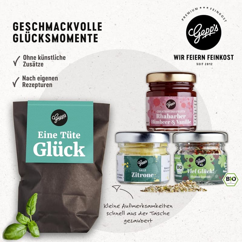 Geschenkset Wundertüte mit Mini-Salz, Gewürzmischung & Rhabarber-Himbeer-Konfitüre
