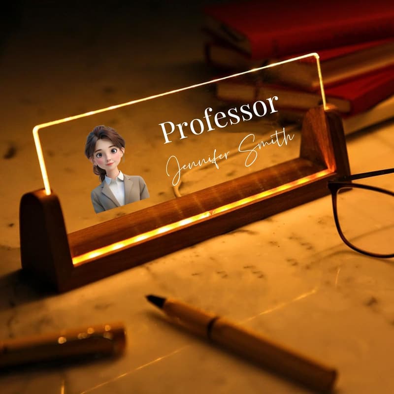 Personalisierte Acryl-Namensschild für Lehrer – 10,2 x 17,8 cm mit U-förmigem Holzsockel