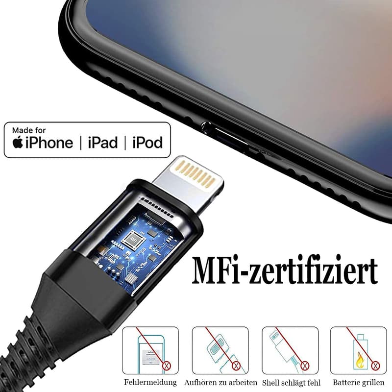 MFi-zertifiziertes iPhone Schnellladekabel 2er Set (2M+1M) nylon für iPhone 11-14