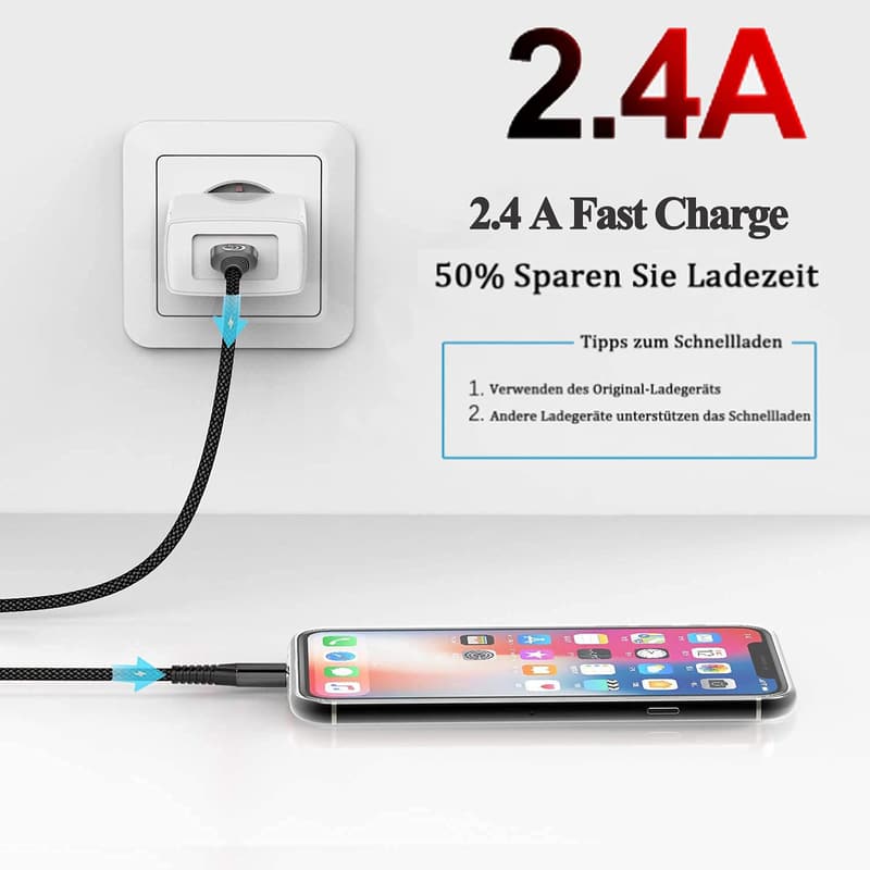 MFi-zertifiziertes iPhone Schnellladekabel 2er Set (2M+1M) nylon für iPhone 11-14