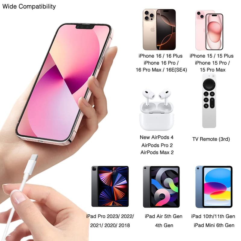USB-C Auto Ladekabel für iPhone 16/15, 0,5m, kompatibel mit AirPods