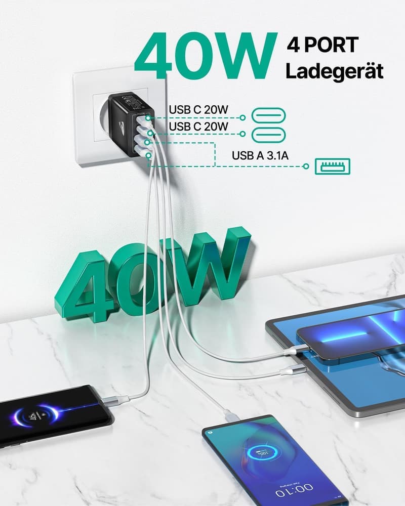 40W USB-C Schnellladegerät 4-Port Adapter für Smartphones