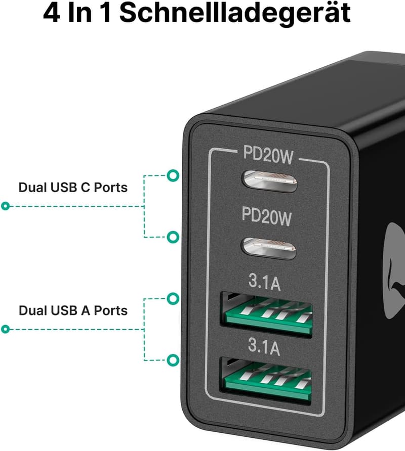 40W USB-C Schnellladegerät 4-Port Adapter für Smartphones