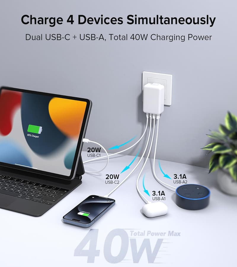 4-Port USB C Schnellladegerät 40W für iPhone und Samsung