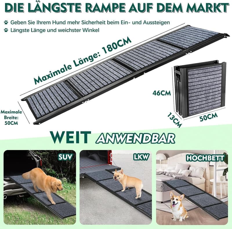 Faltbare Hunderampe 180 cm für große Hunde – rutschfester Teppich