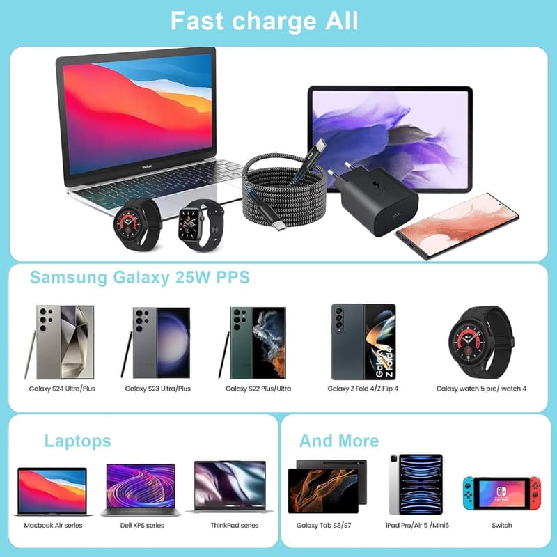 25W USB-C Schnellladegerät mit 2 m Nylonkabel für Samsung Galaxy