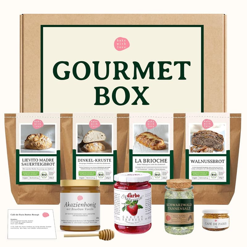 Gourmet-Präsentkorb mit Brotbackmischungen und Feinkost für Paare