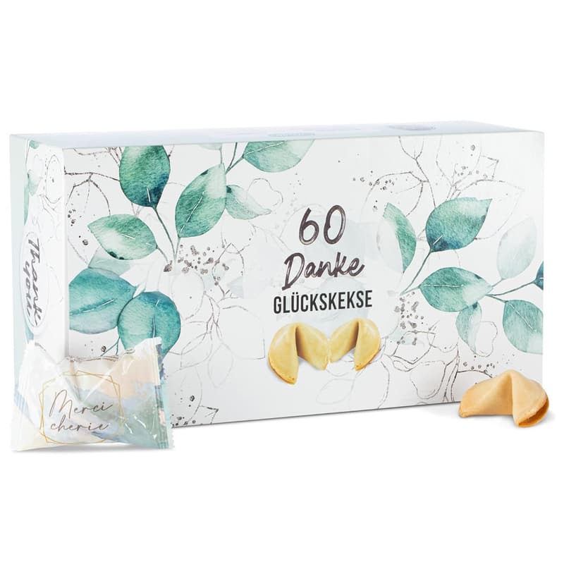 Dankeschön-Box mit 60 Glückskeksen – Einzeln verpackt – Hochzeit