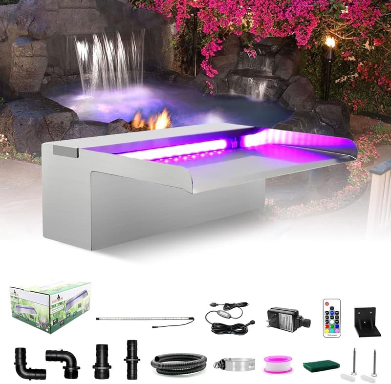 Edelstahl Wasserfall-Brunnen mit LED für Garten und Teich - 30x20x10cm