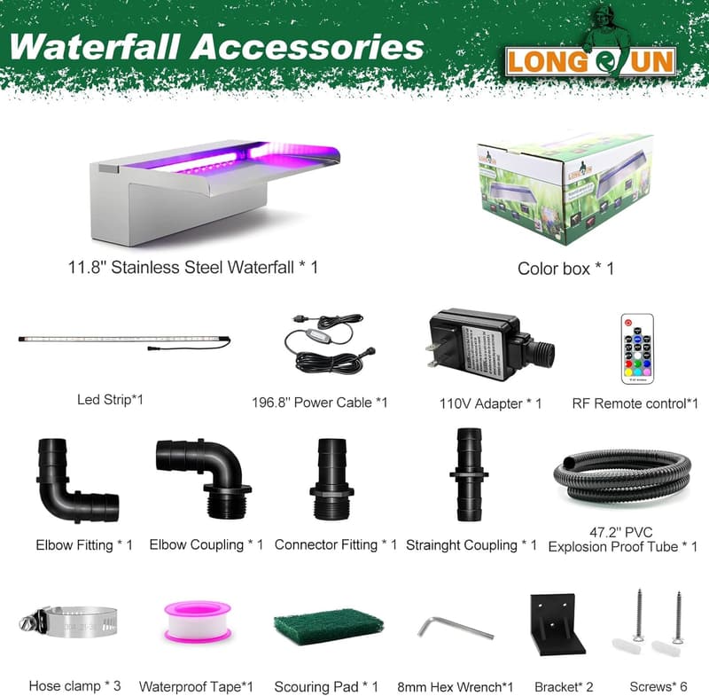Edelstahl Wasserfall-Brunnen mit LED für Garten und Teich - 30x20x10cm