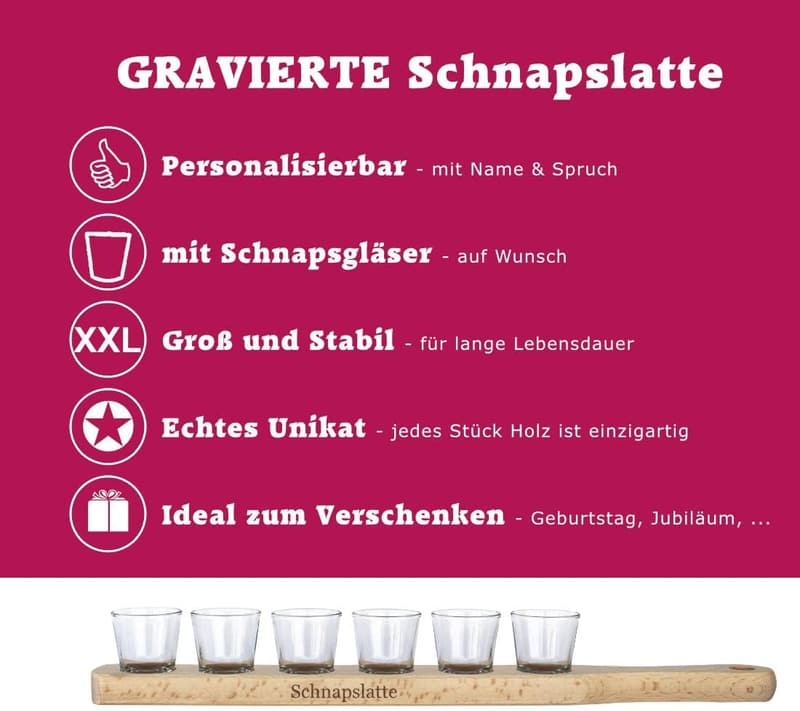 Personalisierte Schnapslatte mit Gravur für 6 Schnapsgläser