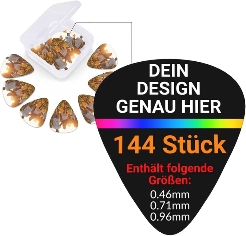 Personalisierte Gitarren-Plektren mit Druck + Aufbewahrungsbox (144 Stück)