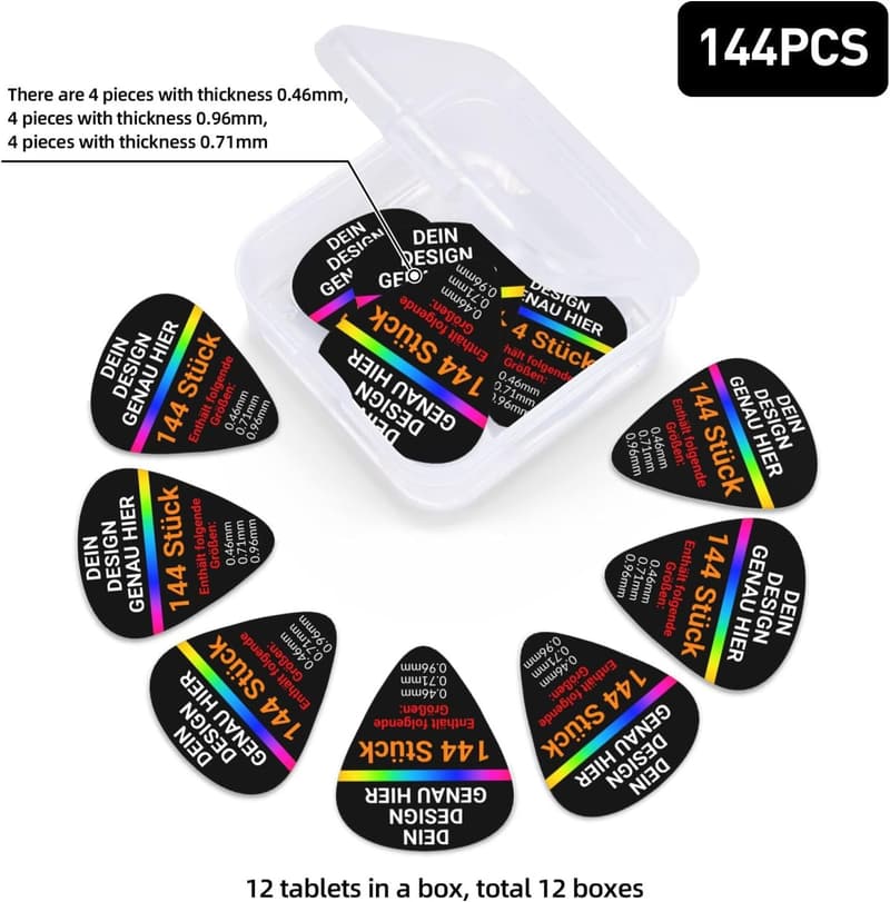 Personalisierte Gitarren-Plektren mit Druck + Aufbewahrungsbox (144 Stück)