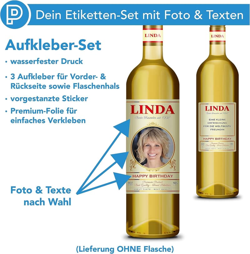 Personalisierte Flaschenetiketten mit Foto & Text - 3er Set