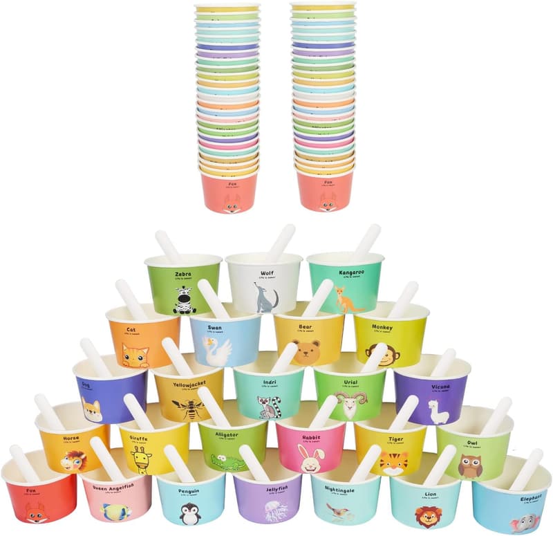 Einweg Eisschalen mit Tierfiguren und Löffeln - 50 Stück, 6 oz