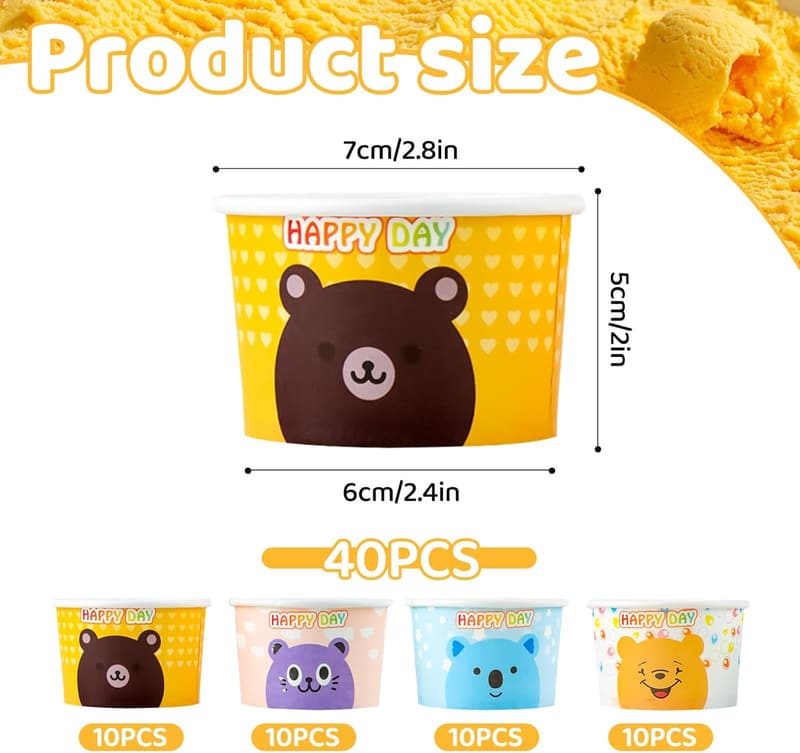 Papier-Eisbecher mit Tiermustern, 150ml, 40 Stück, Einweg